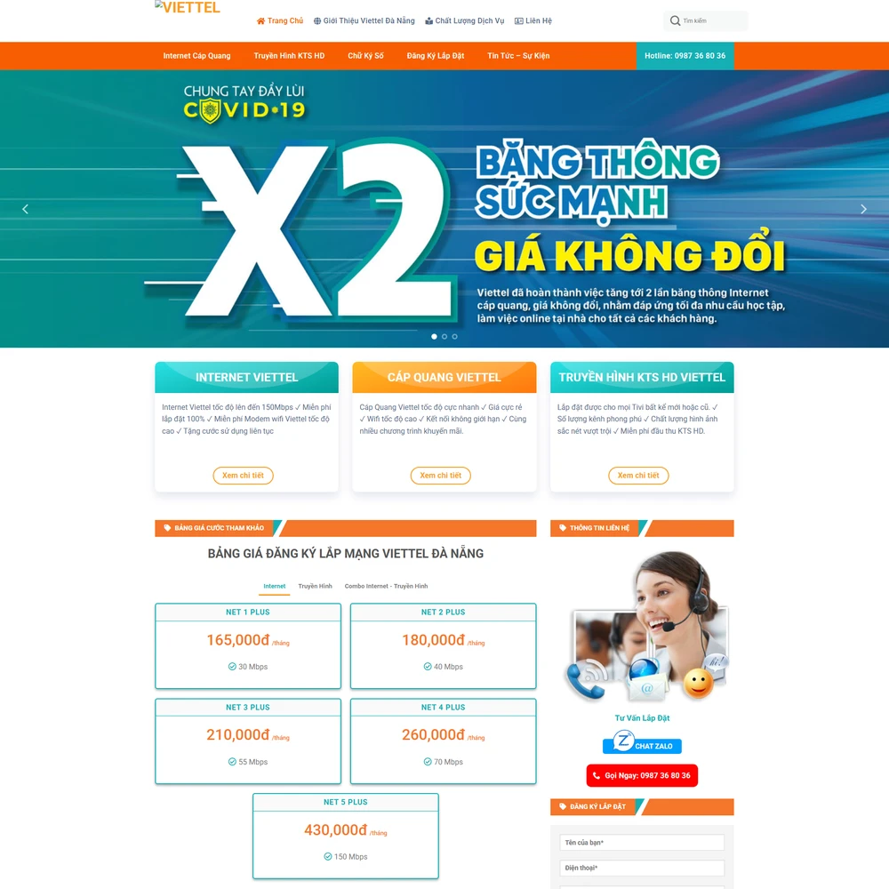 Mẫu website giới thiệu Dịch vụ internet, truyền hình, cáp quang M-647
